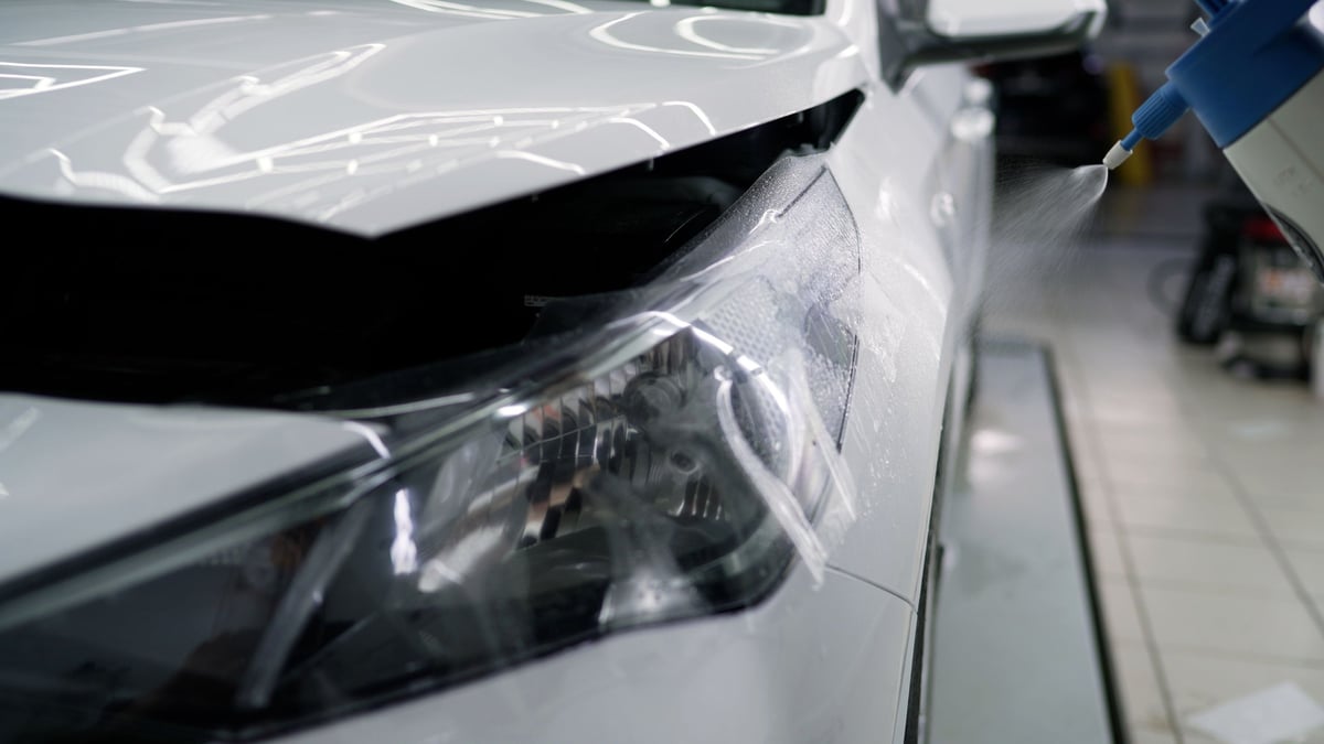 Close-up of a car detailer spraying a solution while applying a protective film to a headlight